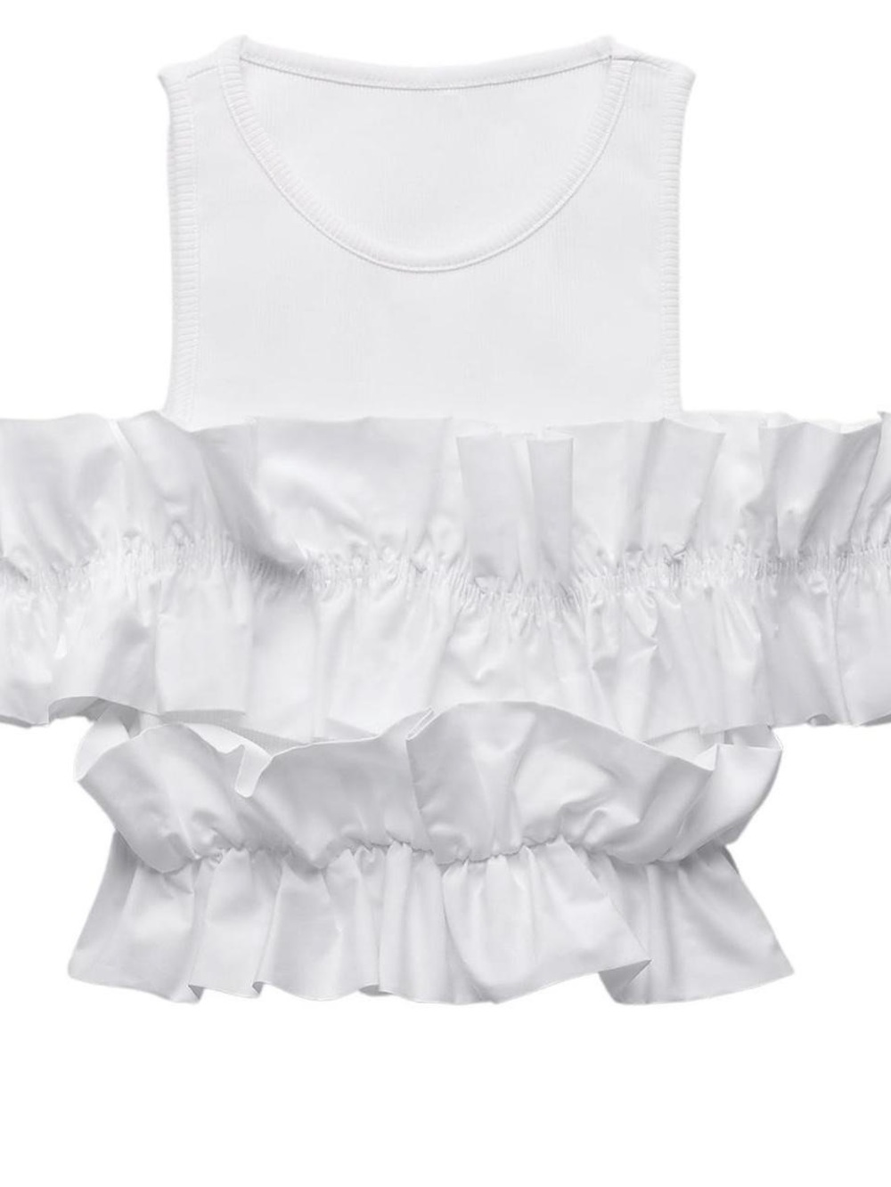 Zara White Ruffle Ribbed Crop Tank